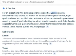 Google AI overview to the question: “what is the best restaurant to have a fine dining experience in Seattle?”